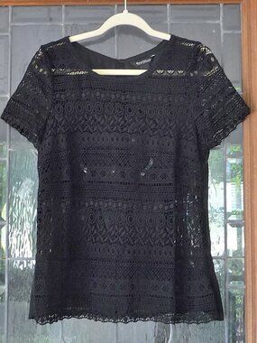 WHBM BLACK BLOUSE SIZE 12 CROCHET/SEMI SHEER